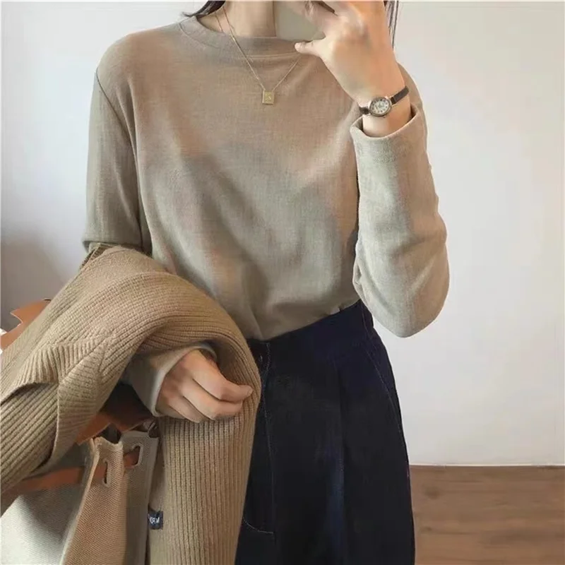 

Thiened Long Sve round Ne Base irt Women's Faionable Inner Wear T-irt Velboa Texture Dervo Spring Autumn New Arr...