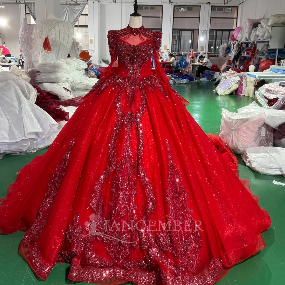 Gorgeous Red Ball Gown Customized Wedding Dress High Neck Long Sleeves Organza Beaded Sparkling Tassel Tulle فساتين حفلات الزفاف