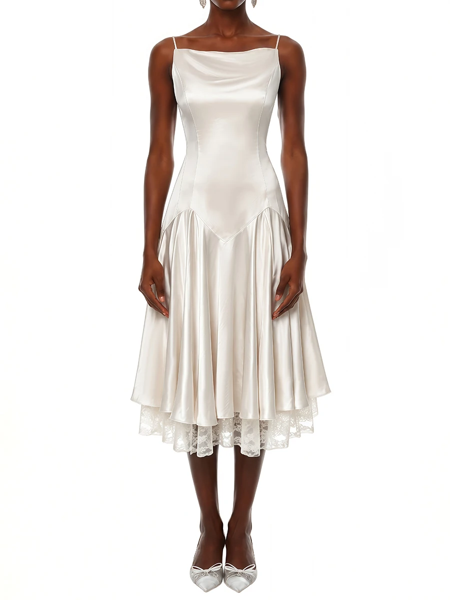 TWOTWINSTYLE Solid Spliced Lace Slimming Slip Dress for Women Square Neck Sleeveless Patchwork Folds Dresses Female Fashion New