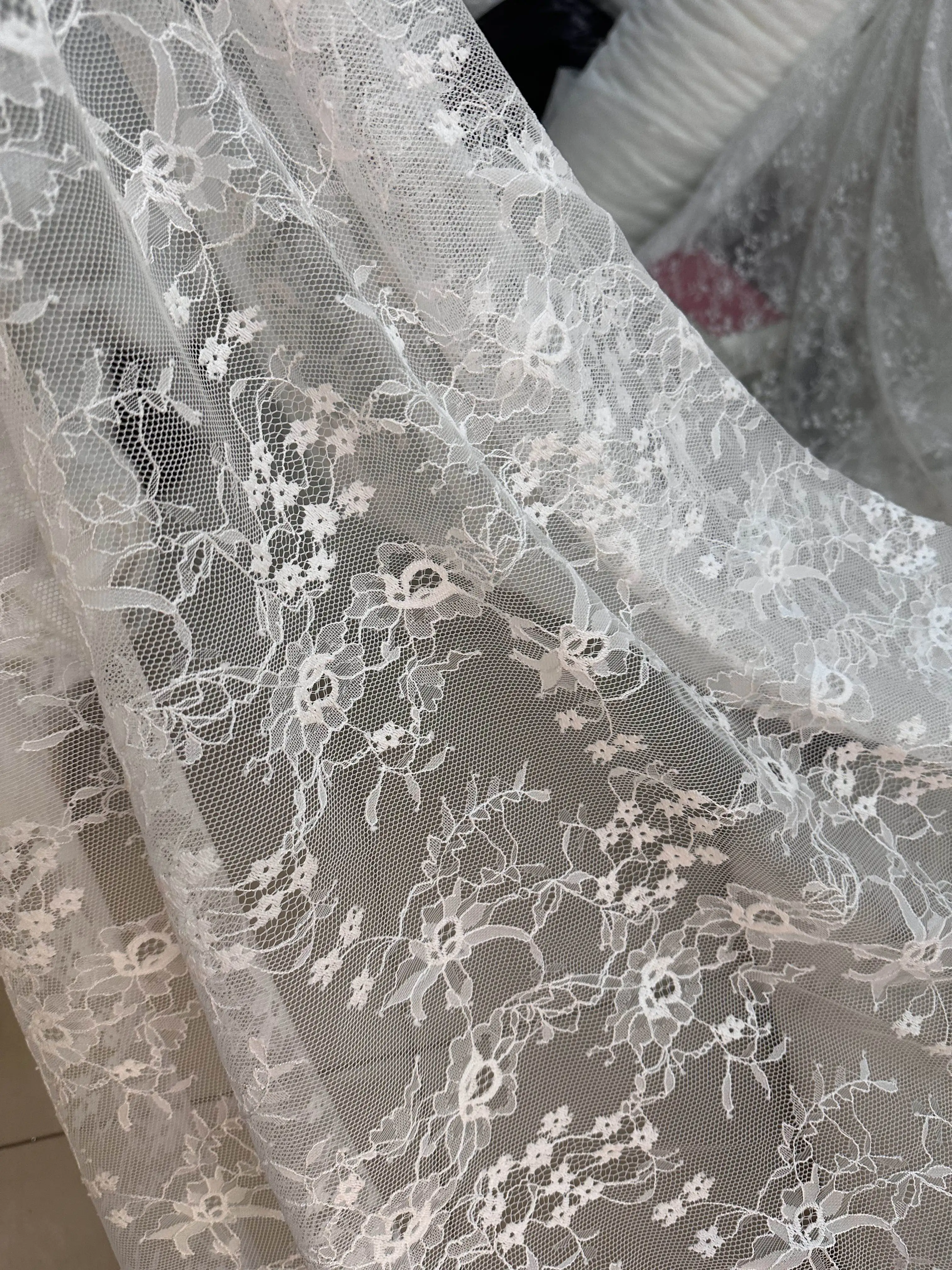 White Flower Lace Draping Fabric for Wedding Tablecloth Decoration Clothing Gown Transparent Mesh Cloth Fabric