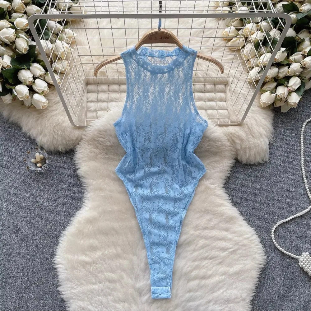 ssTss Sexy Lace Mesh Bodysuit for Women Fashion Summer Solid O Neck Sleeveless Hollow Out Slim Fit Bodycon Club Party Body Tops