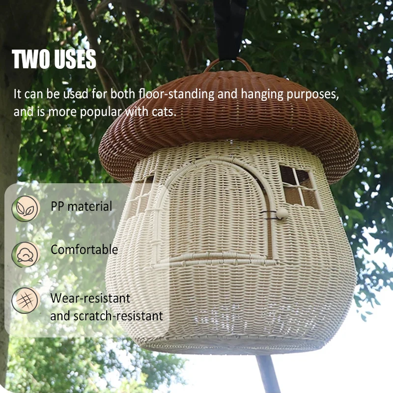 Imitation Rattan Woven Cat Nest Cartoon Mushroom Cats Condo Cave Portable Travel Pet Carrier Bag Comfy Kitten Small Dog House