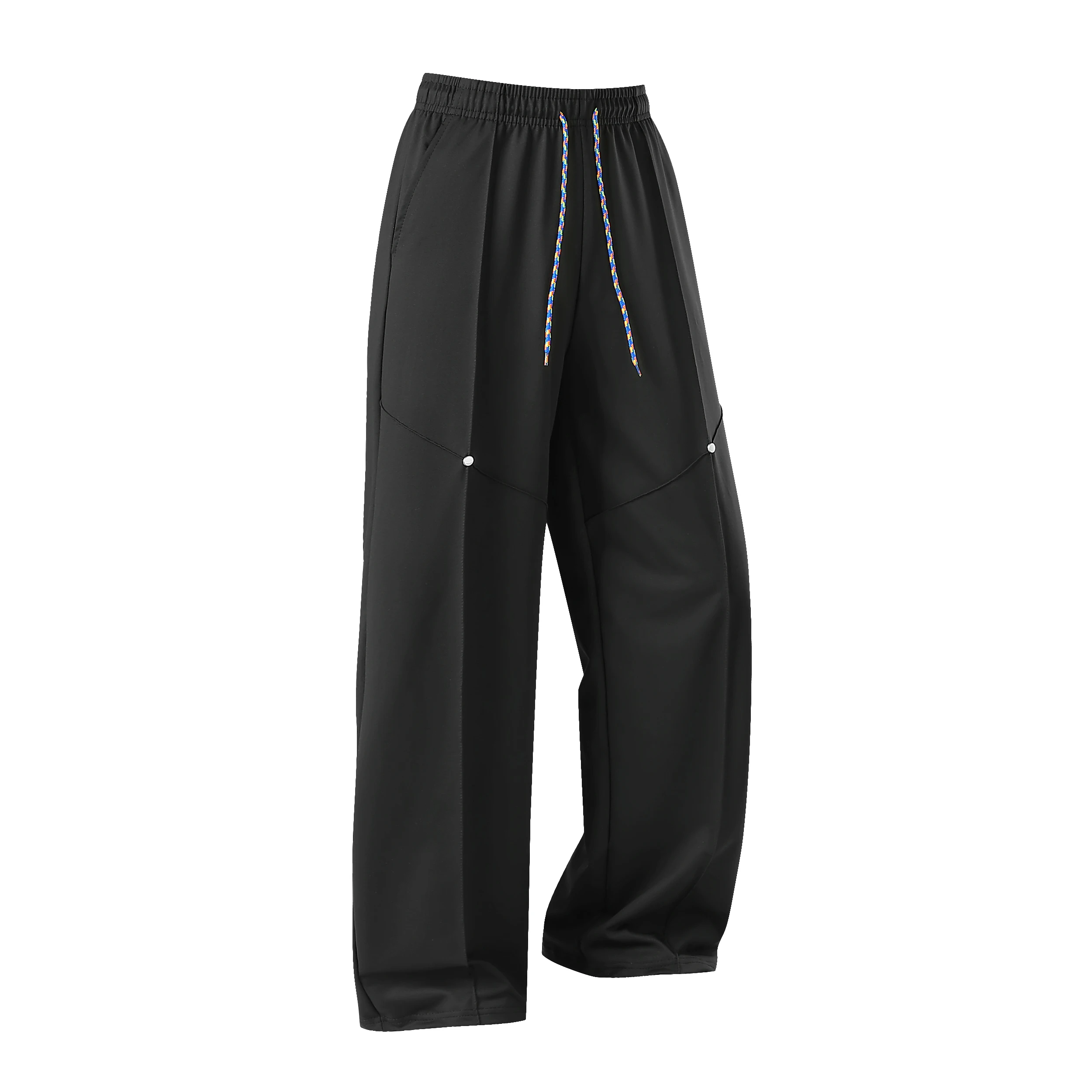 Mens Loose Straight Pants Color Braided Drawstring Rivet Splicing Elastic Waist Streetwear Wide Leg Trousers