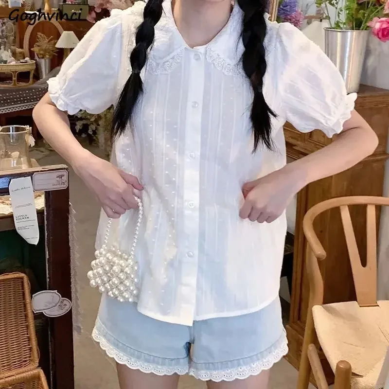 

Рубашки с пышными рукавами, женские летние рубашки в консервативном стиле, белые милые оборки, японская мода, шикарные универсальные свободные повседневные литературные винтажные рубашки