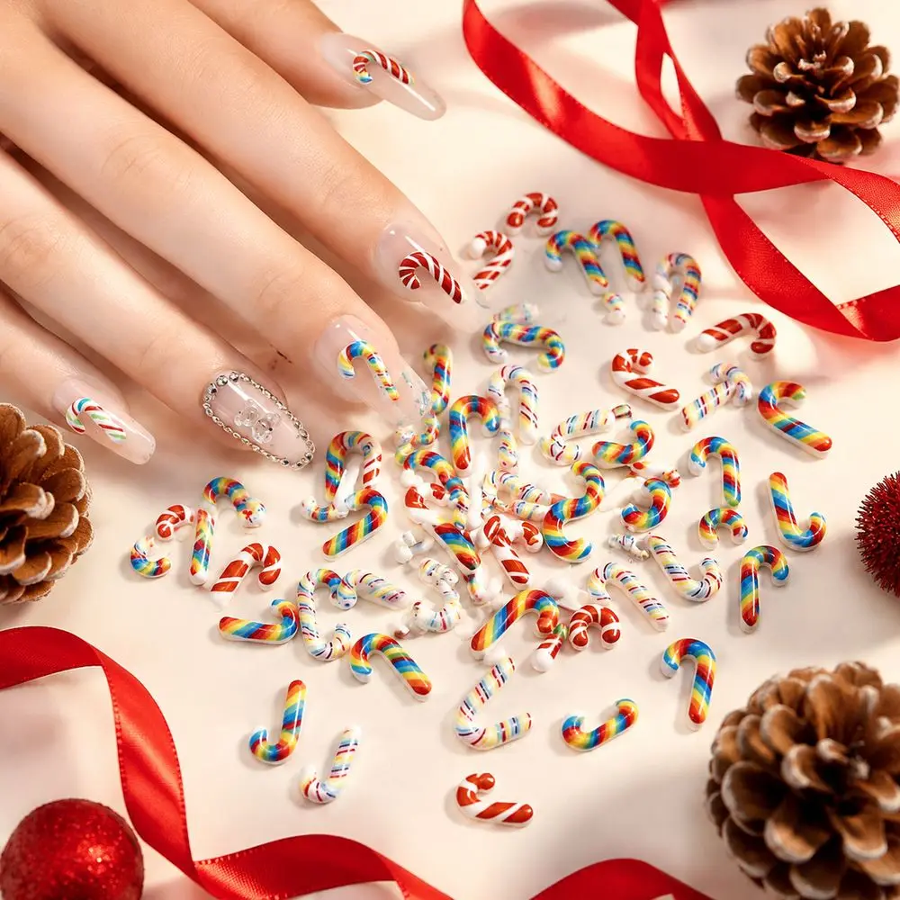 Christmas DIY Nail Art Charms 50Pcs 3D Resin Mixed‑Print Mini Candy Cane Ornament For Holiday Manicure Press‑On Nails Decoration