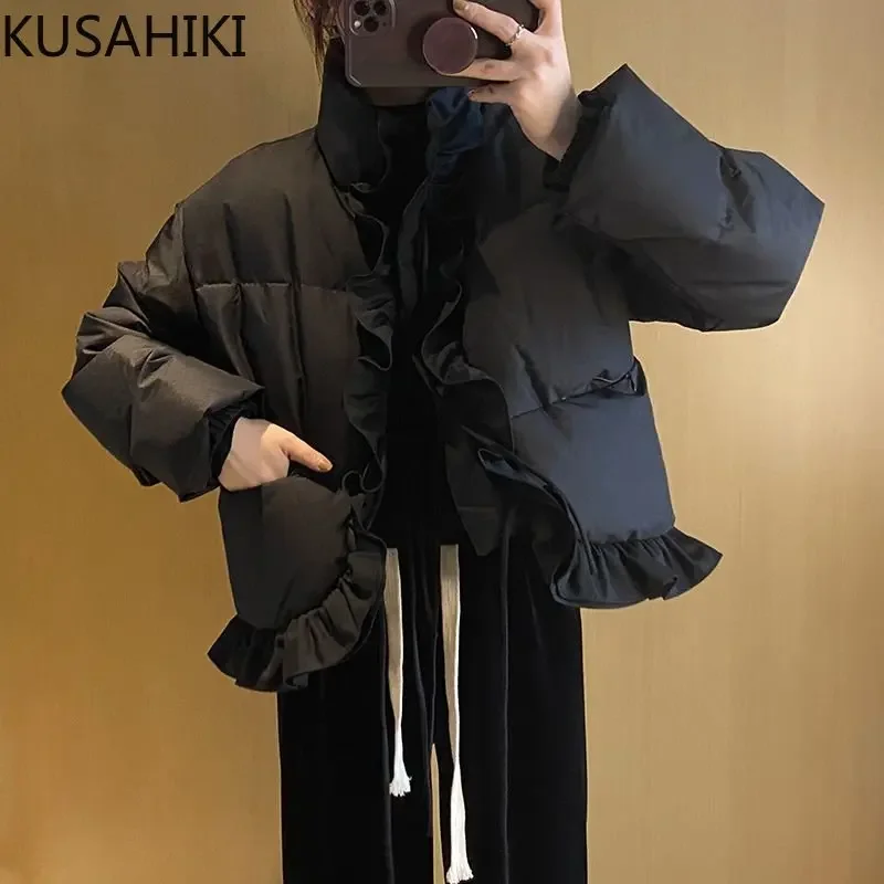 Nomikuma Korean Short Irregular Ruffle Woman Parkas Autumn Winter Sweet Outwear Jacket Causal Long Sleeve Turtleneck Parka Coat