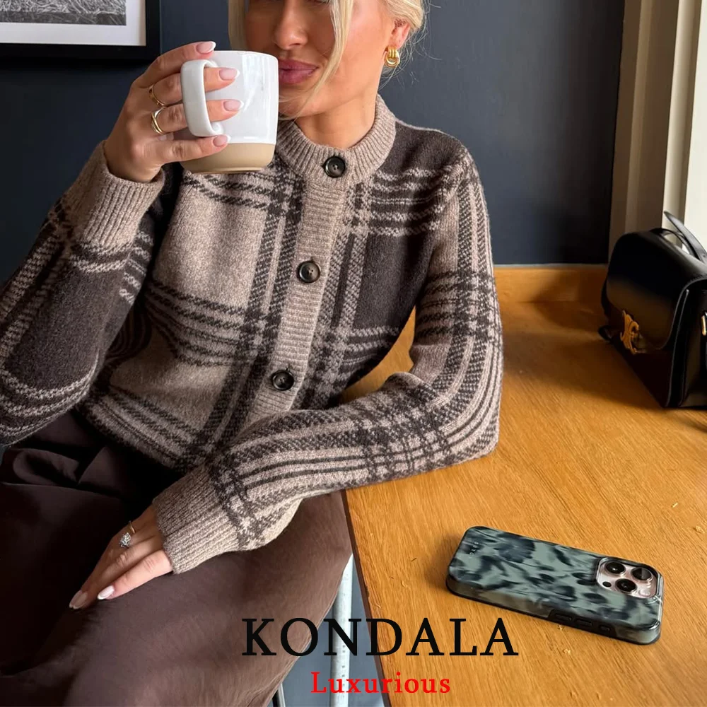 

KONDALA Office Lady Plaid Knit Cardiagns Women O Neck Long Sleeve Buttons Sweaters Female Fashion 2025 Autumn Winter Outwears