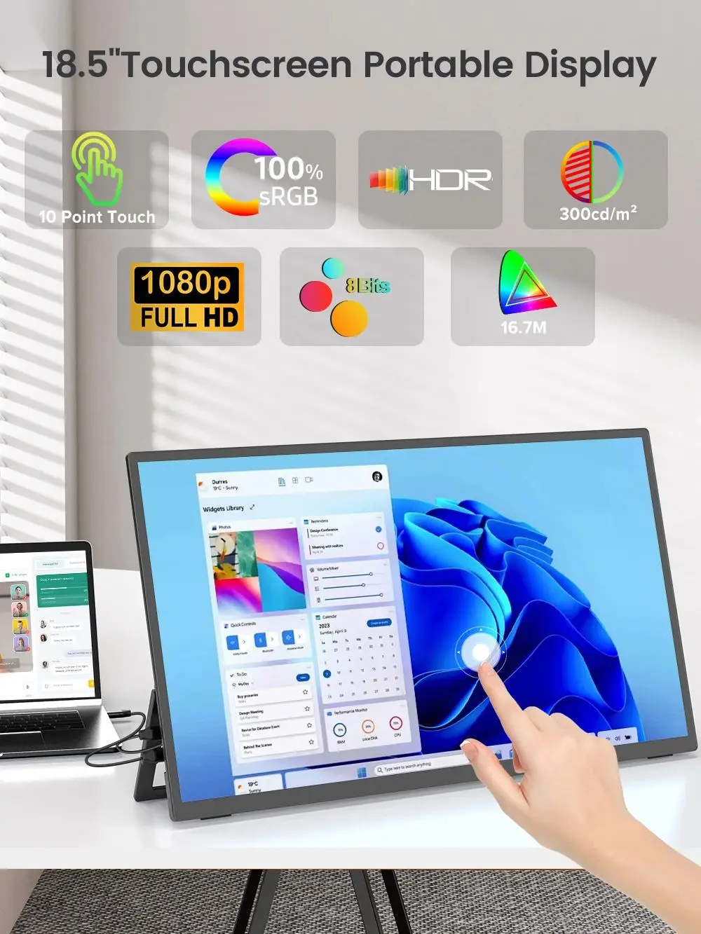 UPERFECT Touch 18,5 Zoll tragbarer Gaming Monitor 120Hz mit VESA Loch & Rücken Bracket Ultra-Slim Laptop Extended Display HDMI USB-C FHD HDR Touchscreen für Laptop Mac PC Surface PS5 Xbox Windows devs