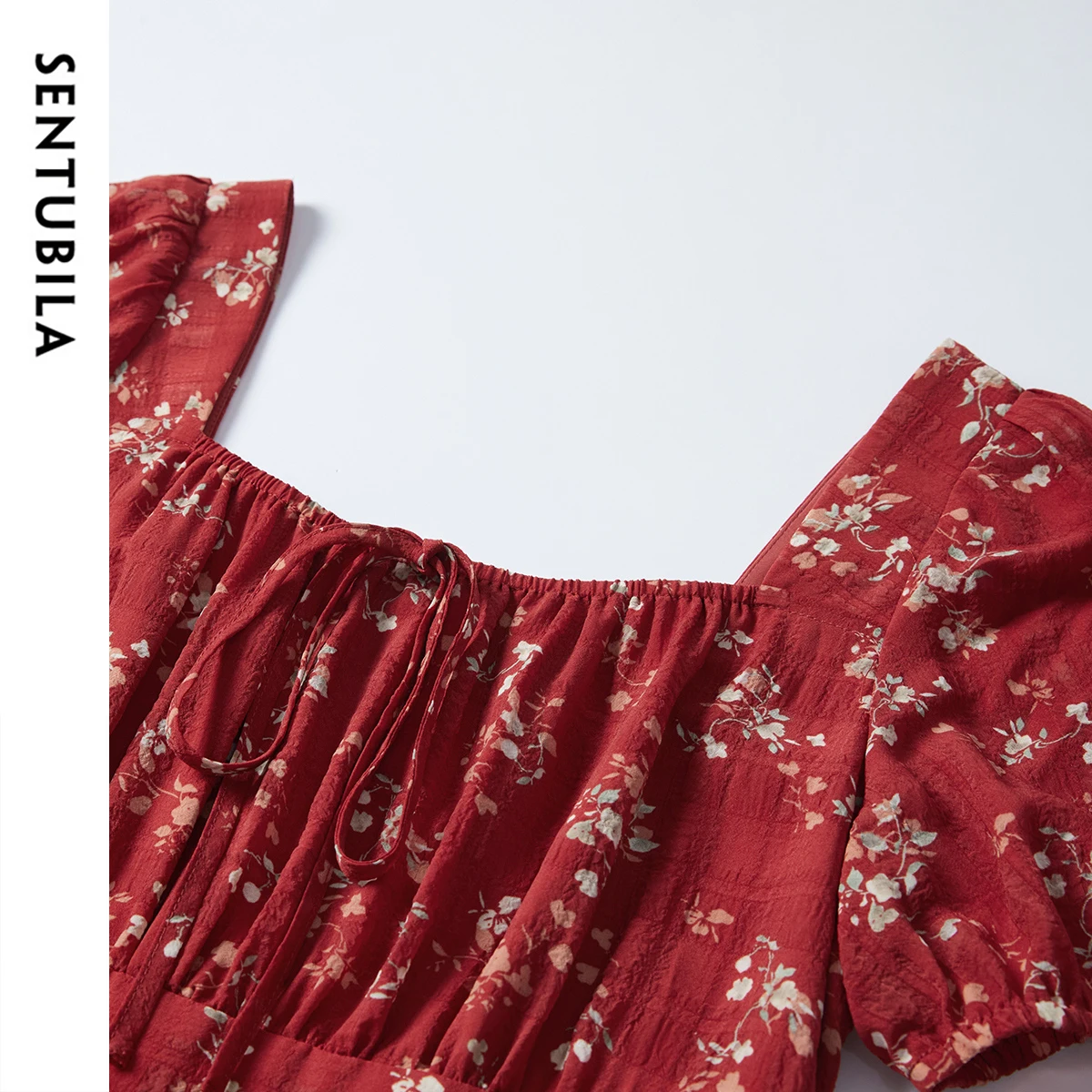 SENTUBILA Women's Chiffon Print Dress Summer Red Vacation Dresses 2025 Elegant Collection Lantern Sleeve Woman Outfits Q52LF2179