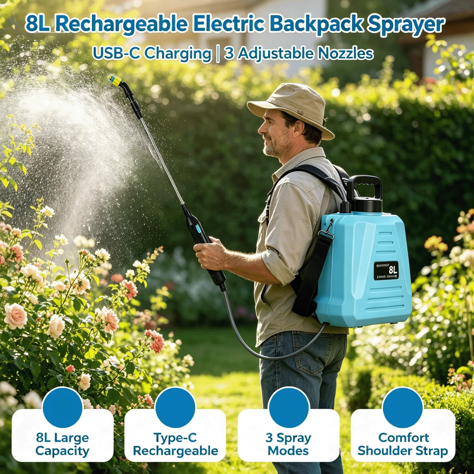 8L Automatischer Elektrischer Sprüher Garten-Pflanzensprüher Handlicher Wiederaufladbarer Sprinkler Zerstäuber Schultergurt-Gießkanne – Detail 9