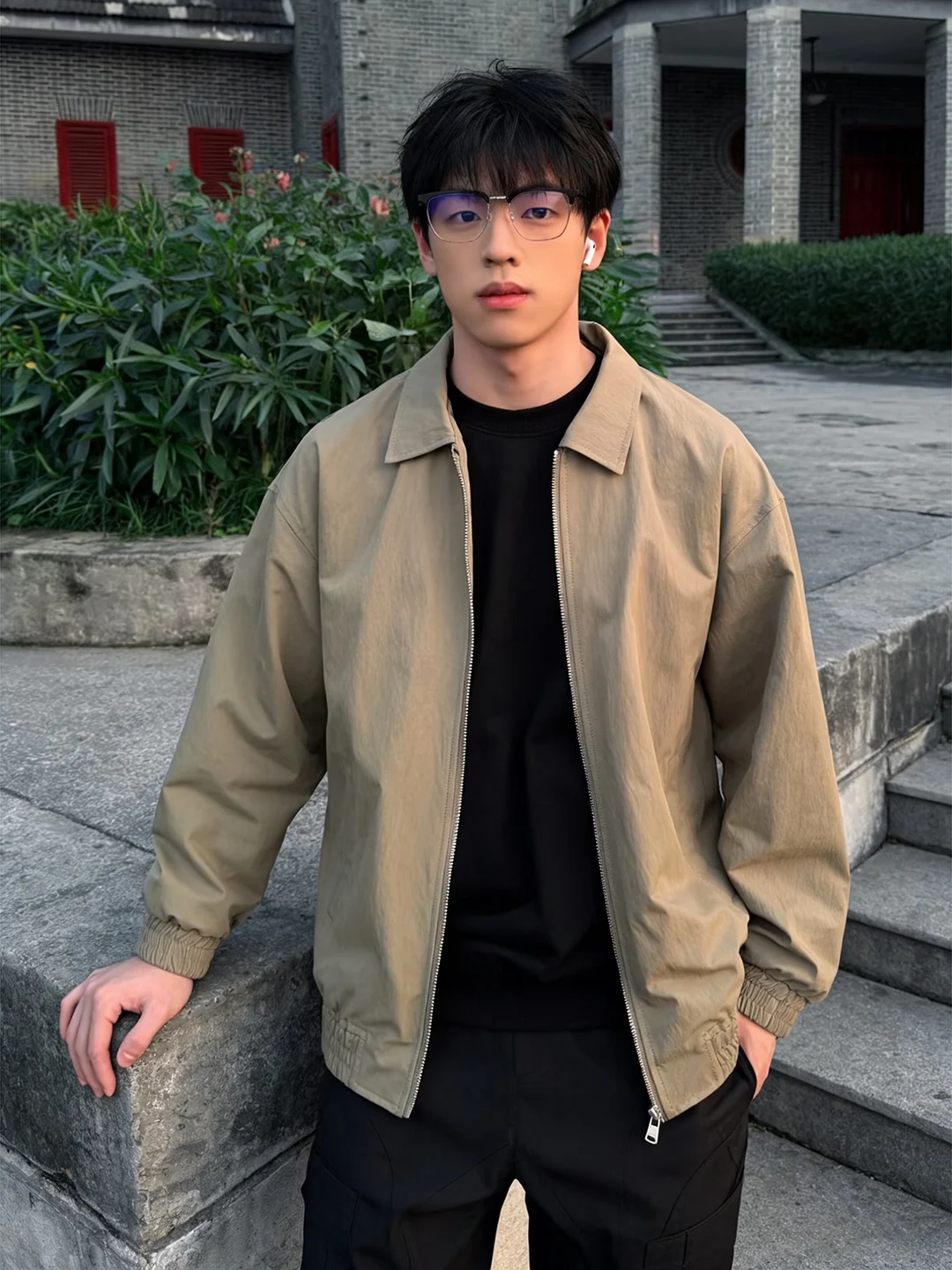 

Khaki Double-Sided Wear ort Jaet Men's Spring Barn Sle Flip Collar Baseball Cleanfit Flight Jaet Loose Fit Long Sve