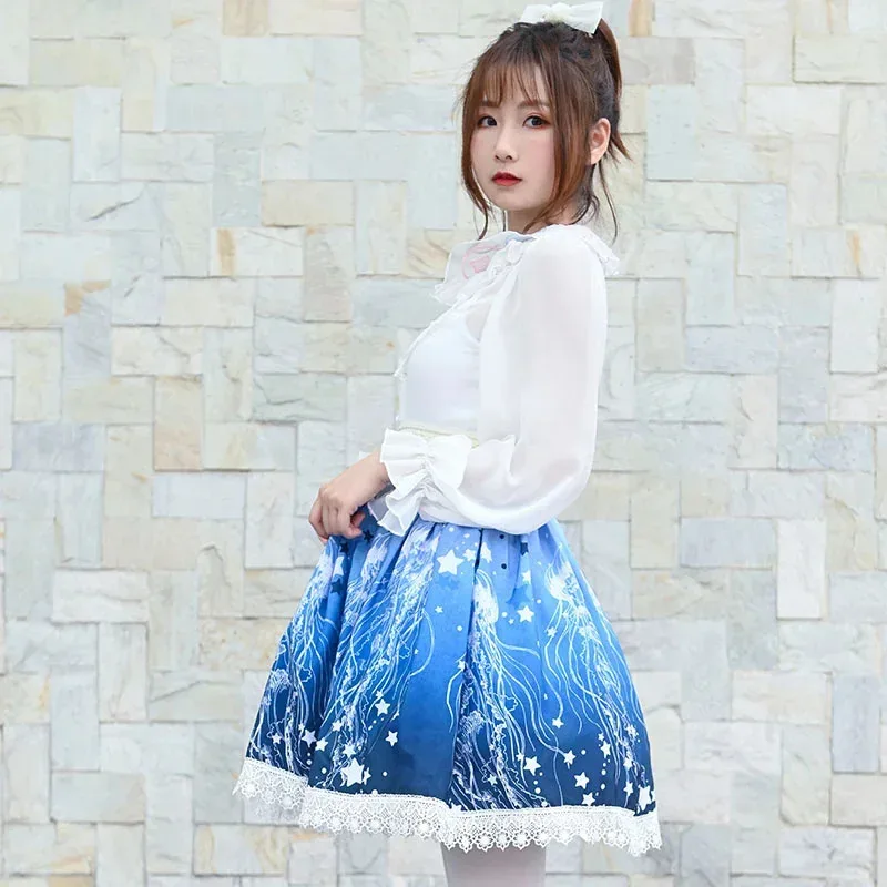 Ainclu الأصلي اليابانية لينة شقيقة الأزرق Acaleph قنديل البحر طباعة قصيرة الدانتيل الأميرة مطوي لوليتا تنورة هدية Soc if;3 #4