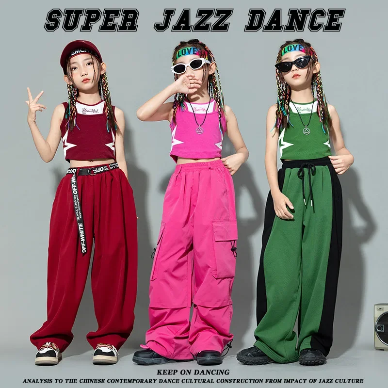 

Girls Hip Hop Jazz Summer Clothes Sets Sleeveless Crop Top + Solid Cargo Pants Teen Street Dance Costumes Kids Performance Suits