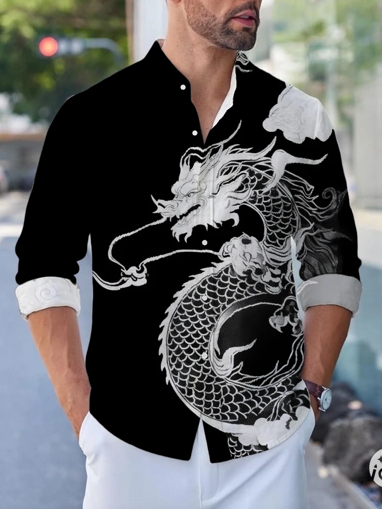 Men Chinese Dragon Print Shirt Retro Style Oriental Cloud Pattern Tunics Casual  Long Sleeve Button Down Stand Collar Tops