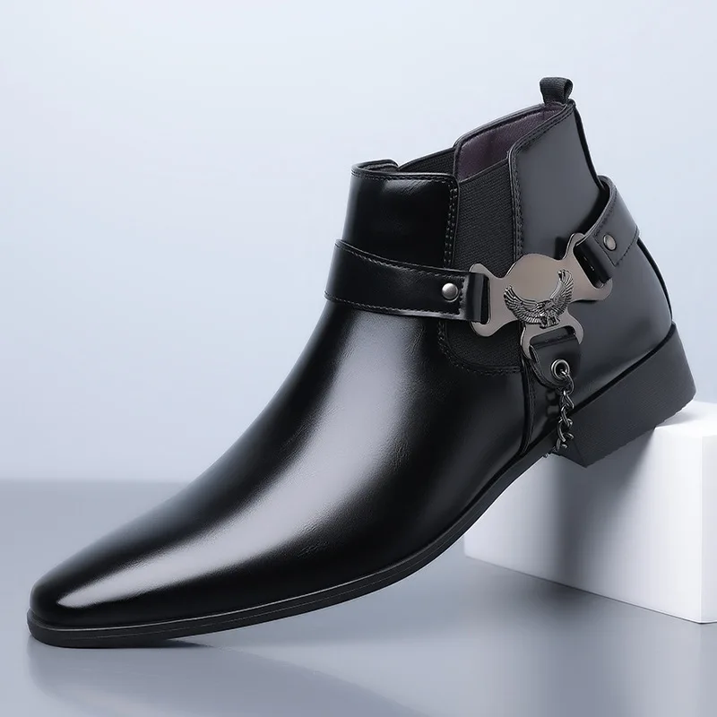 2027 Men Western Cowboy Boots Fashion Pointed Leather Booties British Style Business Ankle Boots High Top Boot Men Dress Boots