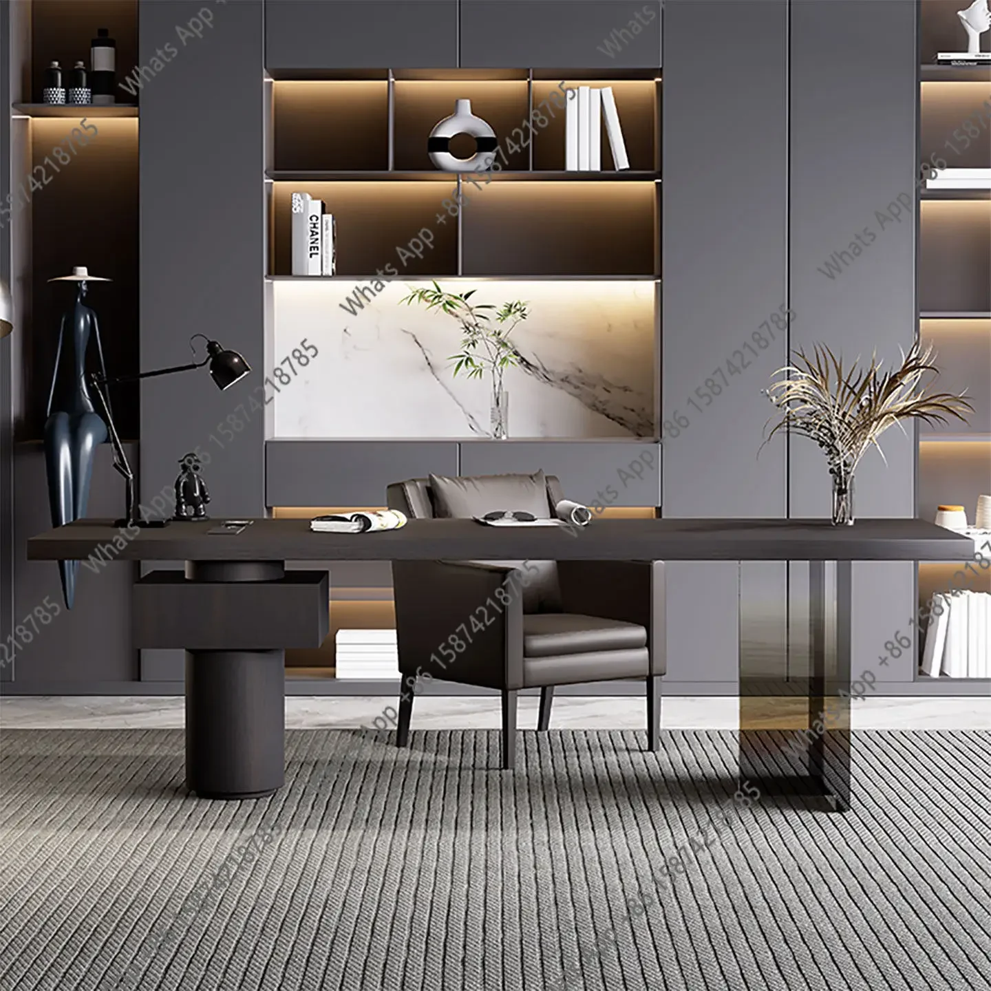 

N67 Italian minimalist smoked wood desk living room light luxury modern study small apartment home solid wood office computer de