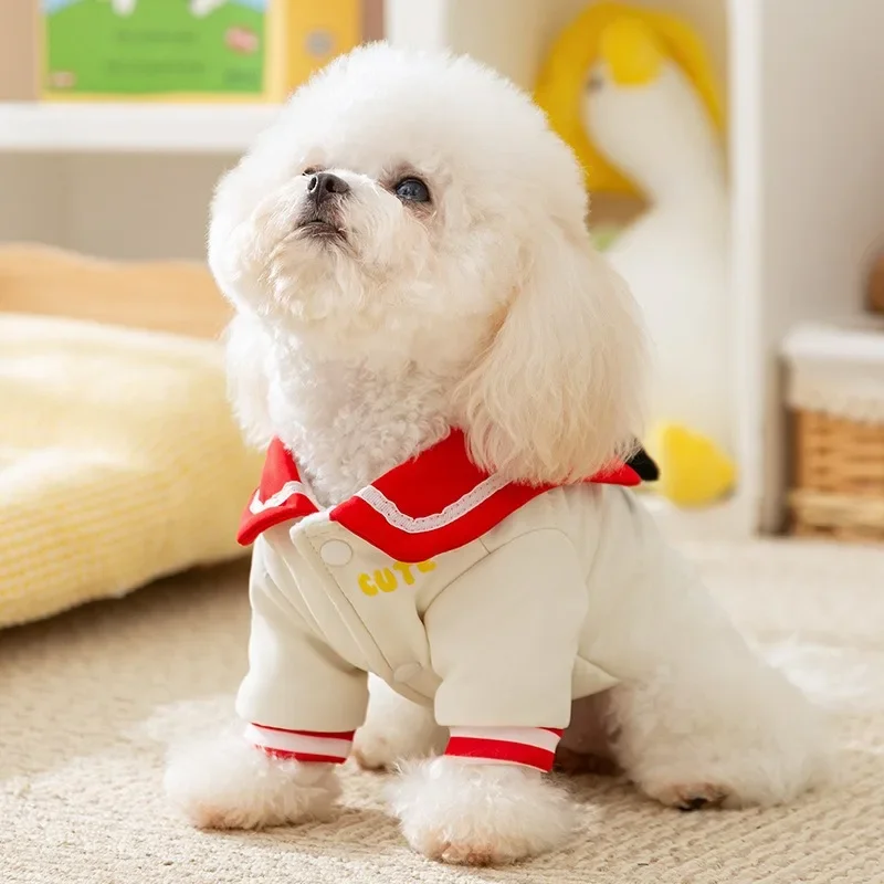 

Winter Navy Collar Dog Down Jacket Cubic Ears Traction Cotton Teddy Warm Two Legs Clothes Thickened Puppy Coat