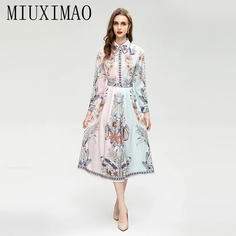 MIUXIMAO 2023 High Quality Spring&Summer Elegant Set Long Sleeve Lapel Print Shirt+Skirt Fashion Two-piece Set Women Vestides