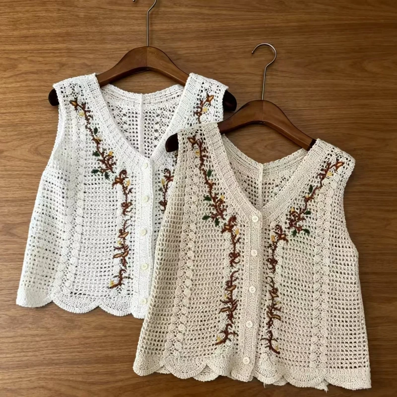 Embroidered Floral Vest Button Front Waistcoat Openwork Knit Sleeveless Jacket Tops Women Beach Cover Up Summer Boho Style