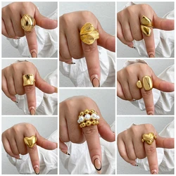 ALLYES Irregular Gold Plated Stainless Steel Rings for Women Glossy Chunky Heart Leaves Geometric Finger Ring Fashion Jewelry