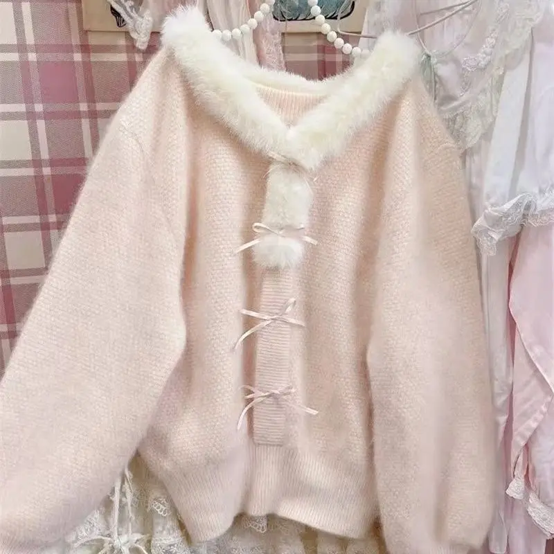 

Новый вязаный кардиган с розовым меховым воротником в стиле кавайи, женский, японский, мягкий, свободный, милый розовый свитер-топ, новый корейский шикарный дизайн, повседневная одежда