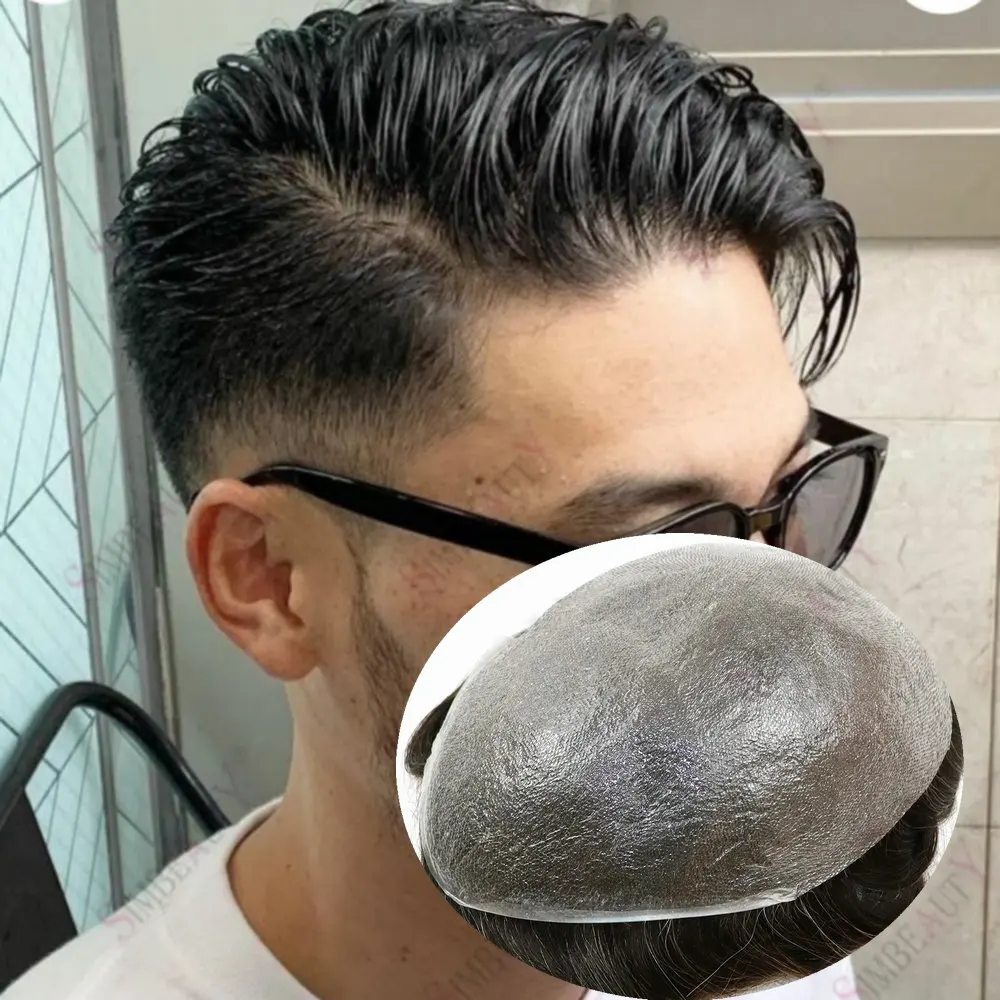 

Invisible Hairline Men's Capillary Prosthesis 0.02mm Ultra Thin Skin Hair Replacement System Men Toupee Grey Black Human Hair