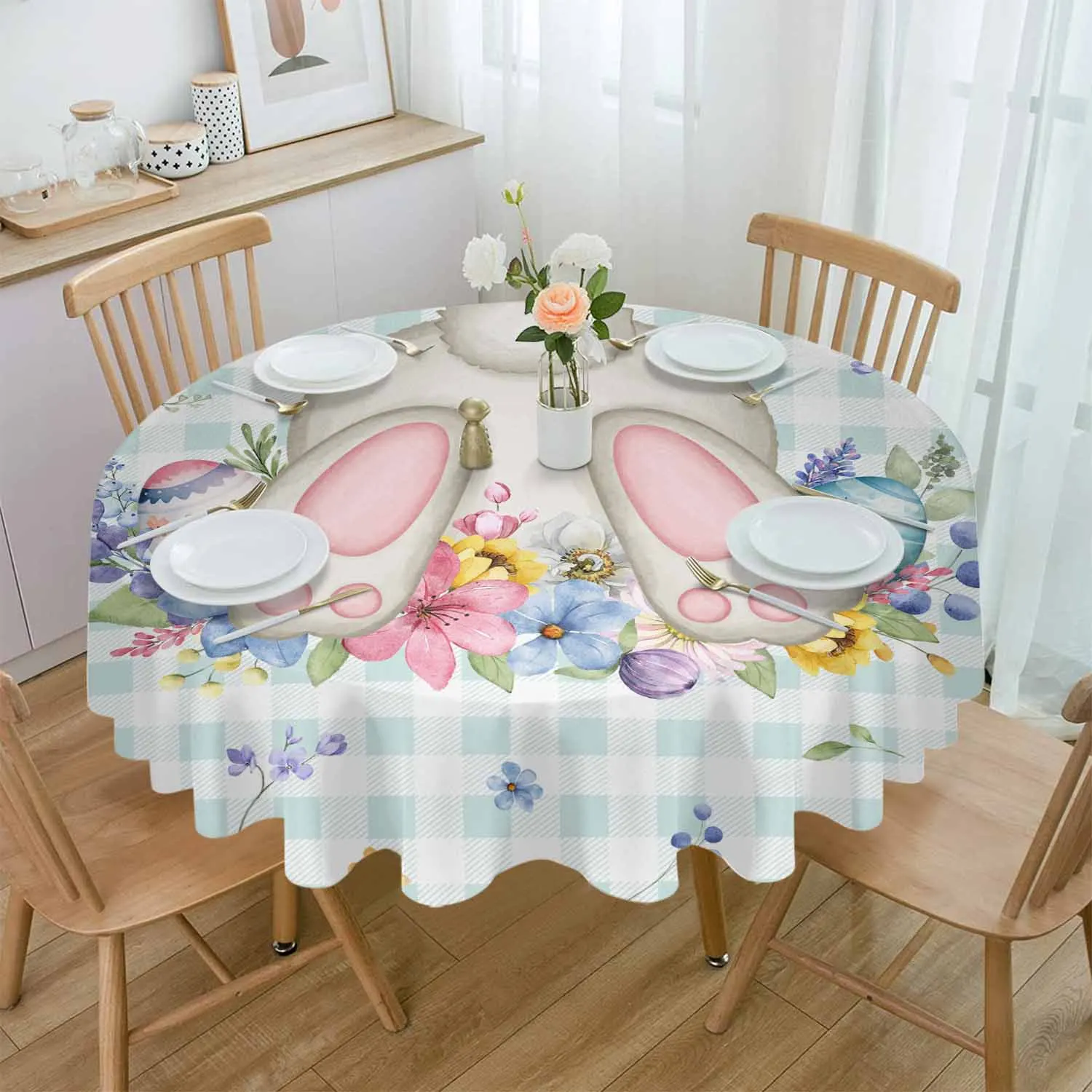 Easter Flower Egg Rabbit Waterproof Tablecloth Table Decoration Wedding Home Kitchen Dining Room Round Table