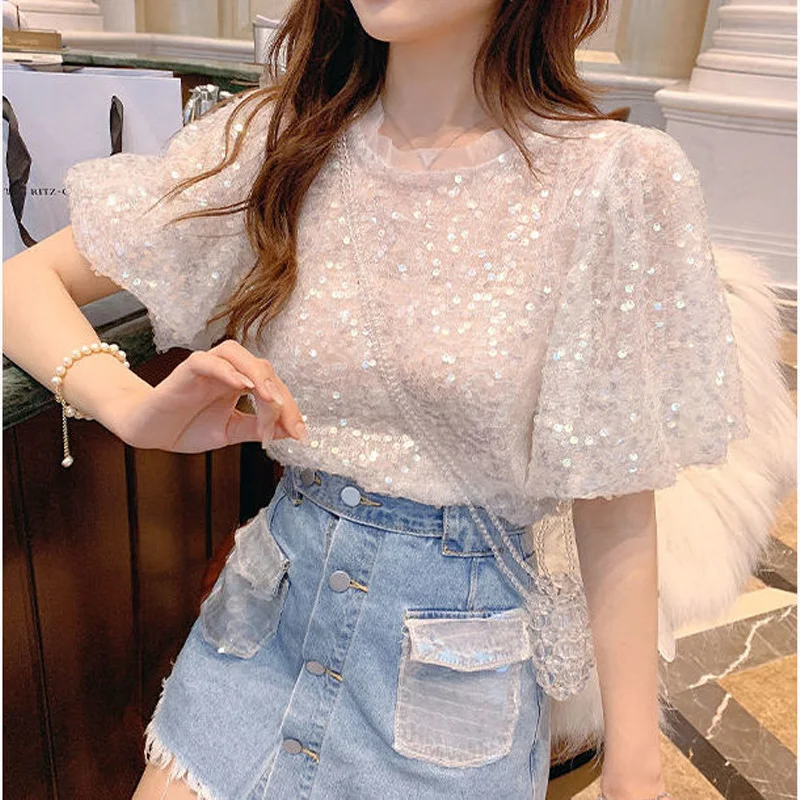 2023 Summer New Solid Color Round Neck Puff Sleeve T-shirt Women Fashion Sequined Lace Tees Korean Style Casual Temperament Tops