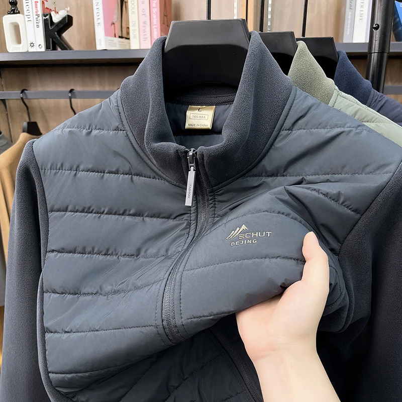 Light Luxury Brand Men stand collar cotton jacket fashion splicing new letter embossed top winter warm comfort solid color coat