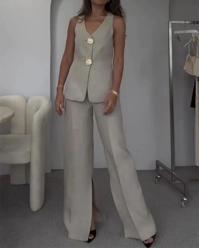 

Women Fashion Two Piece Sets Elegant Office Solid Outfit Summer New V-neck Sleeveless Vest Top + High Waist Pants Suits Lady