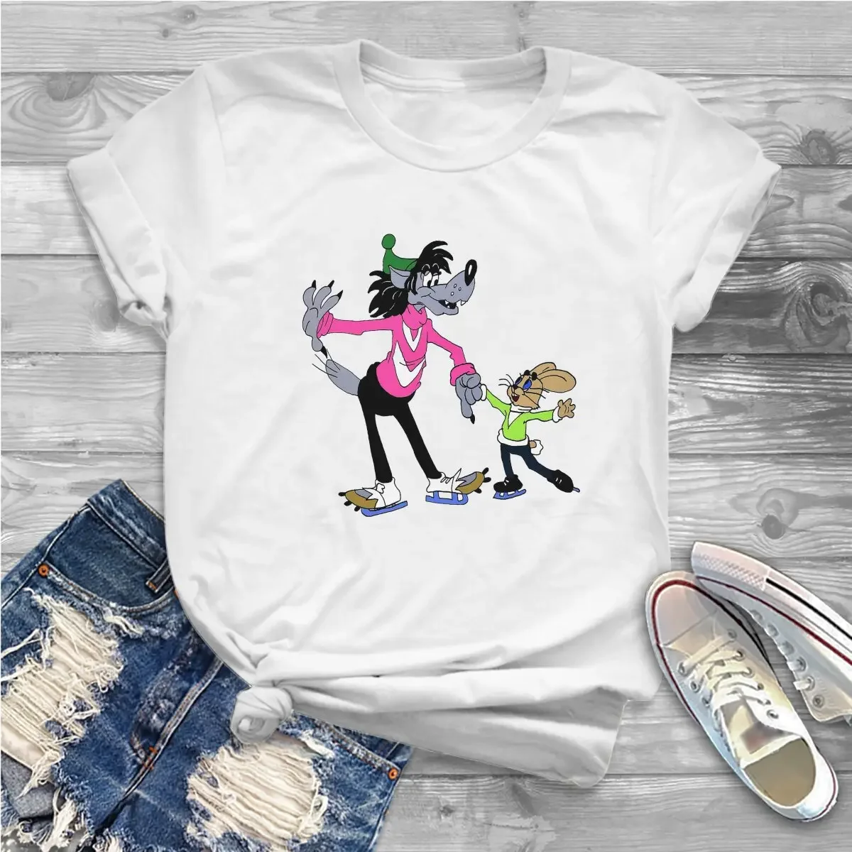 Nu Pogodi Hare Wolf Anime Skating Tshirt Homme Tops Unisex Blusas Polyester T Shirt For Women