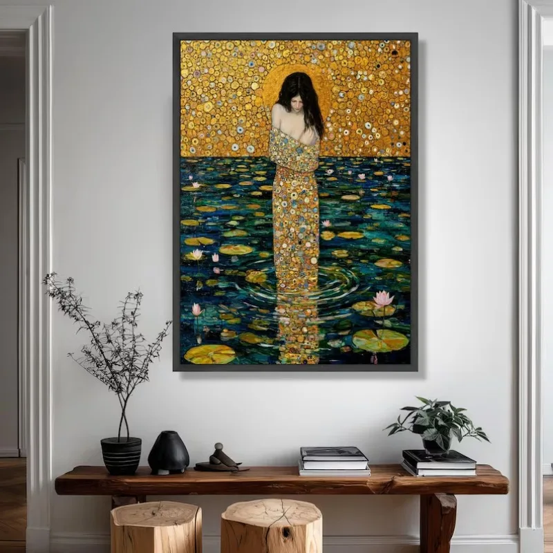 Gustav Klimt Water Serpent Canvas Painting Wall Art, Woman in Water, Gold Floral Pattern Poster Print Artistic Room Home Decor