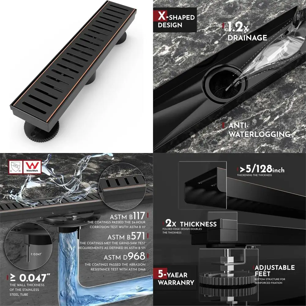 

12 Rectangular Shower Drain with Capsule Pattern Cover, Removable Grate, Oil Rubbed Bronze Finish, SUS304 Stainless Steel, CUPC