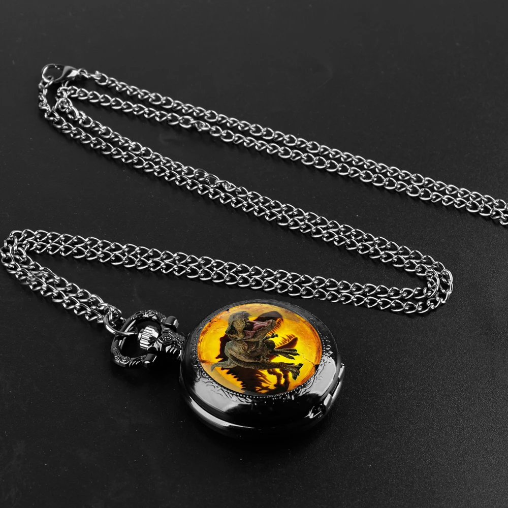 Dinosaur Glass Dome Quartz Pocket Watch With Durable Chain Arabic Numeral Dial Halloween Gifts for Men Women Kids