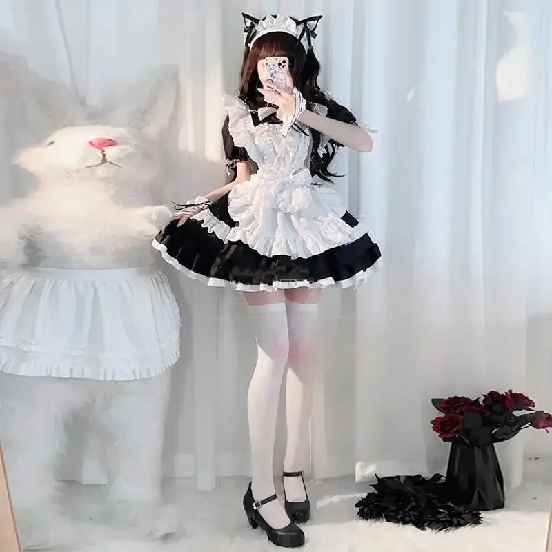 Japanese Sweet Anime Apron Dress Dark Gothic Black and White Maid Dress Cosplay Palace Cos Soft Dress Party Stage Costume