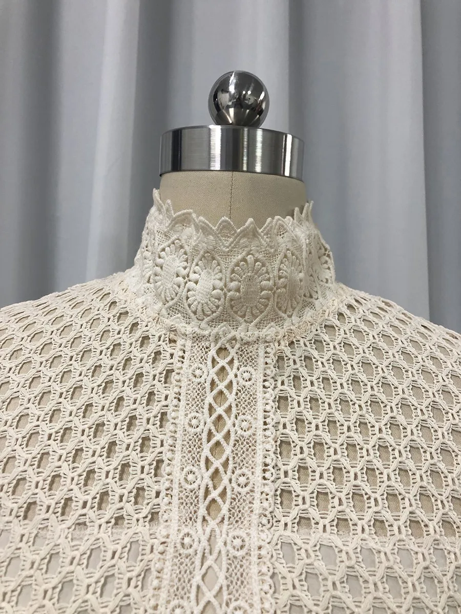 TWOTWINSTYLE Solid Hollow Out Spliced Embroidery Elegant Dresses for Women High Neck Long Sleeves Tunic Casual Dress Female New