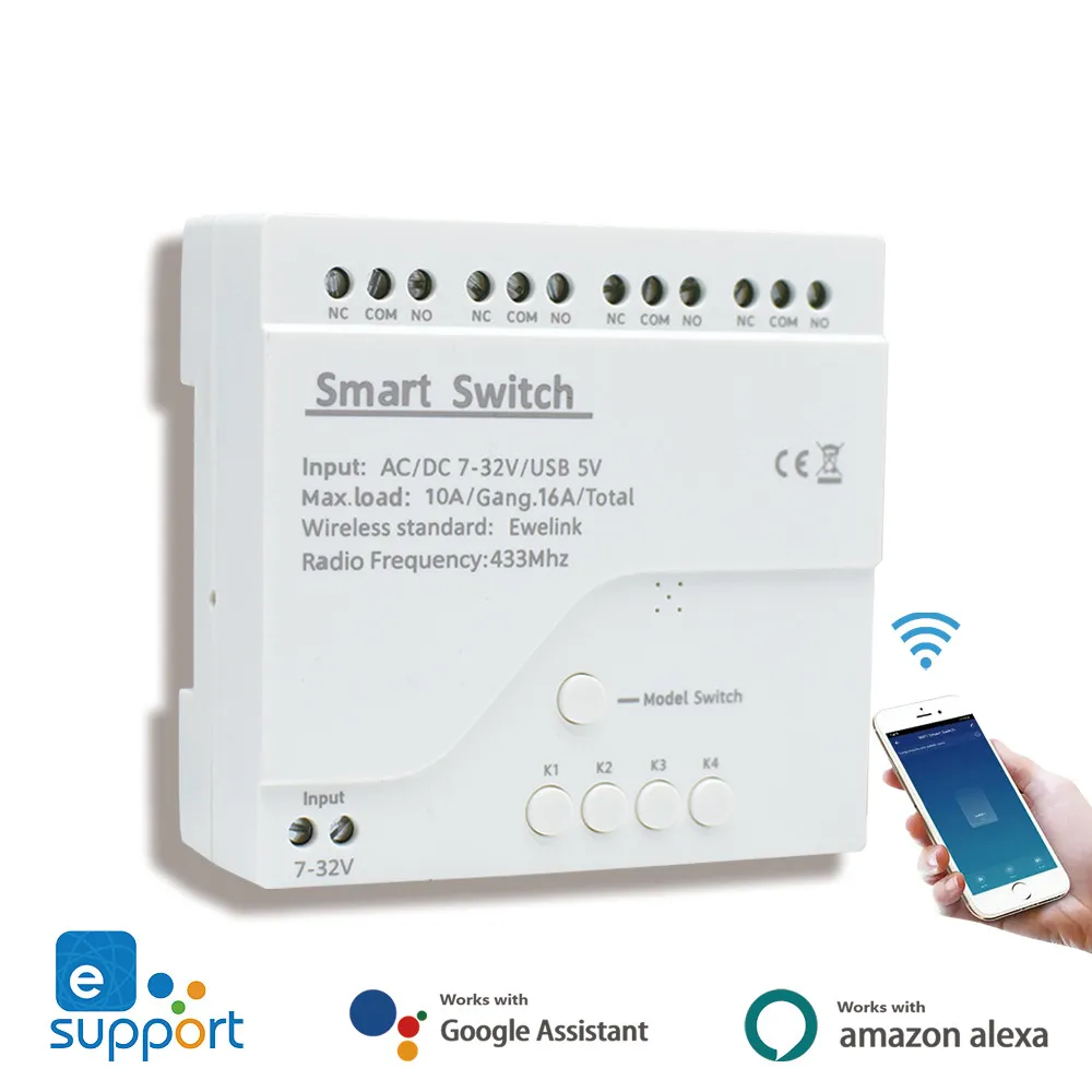 EWelink WiFi Smart 4CH Switch 220V 10A Relay Module APP Remote Control 12V 24V 85-250V RF433 Receiver Google Home Alexa