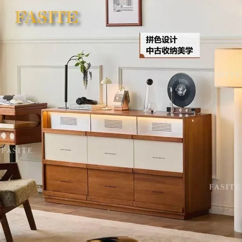 Medieval Bauhaus Solid Wood Nine Drawer Cabinet Retro Color Matching Multi Drawer Locker for Living Room Bedroom Side Storage
