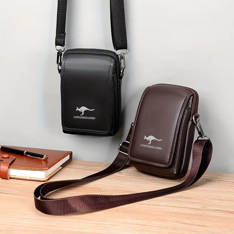 Men Small Crossbody Phone Bag Kangaroo Logo PU Leather Waist Pack, Mini Shoulder Sling Bag Multi Pockets Zipper Purse for Daily
