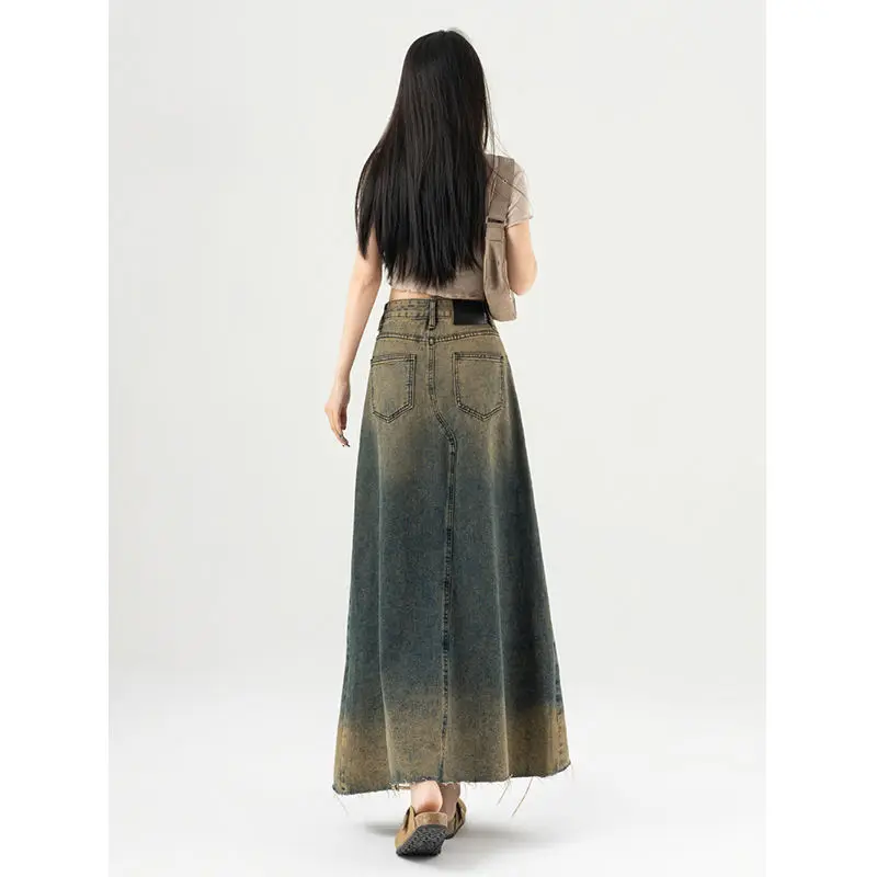 Rok Denim Vintage Retro Amerika untuk wanita, rok panjang setengah garis A berlubang pinggang tinggi baru 2024