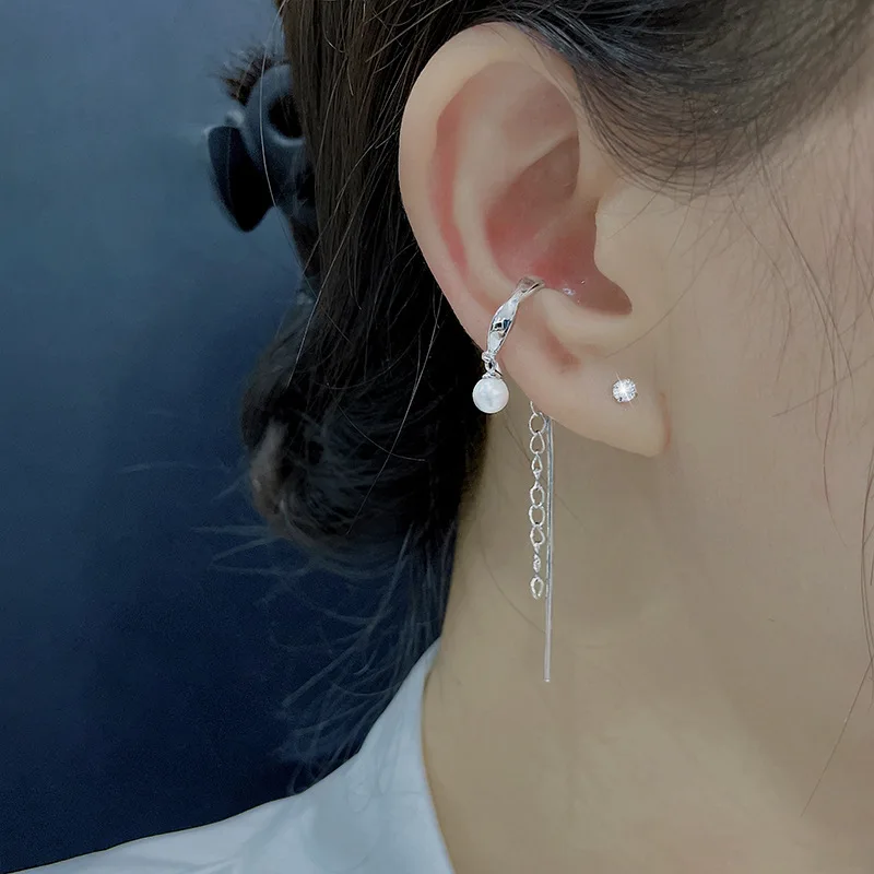 Silver Color Tassel Imitation Pearl Long Clip Earrings for Women Ins Wind Wavy Chain Drop Hanging Earring Bestie Summer Jewelry