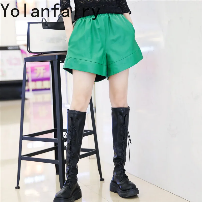 YOLANFAIRY Women High Waist Wide Leg Genuine Sheepskin Shorts Green 2026 Autumn Slim Casual Outer Real Leather Shorts Feminino