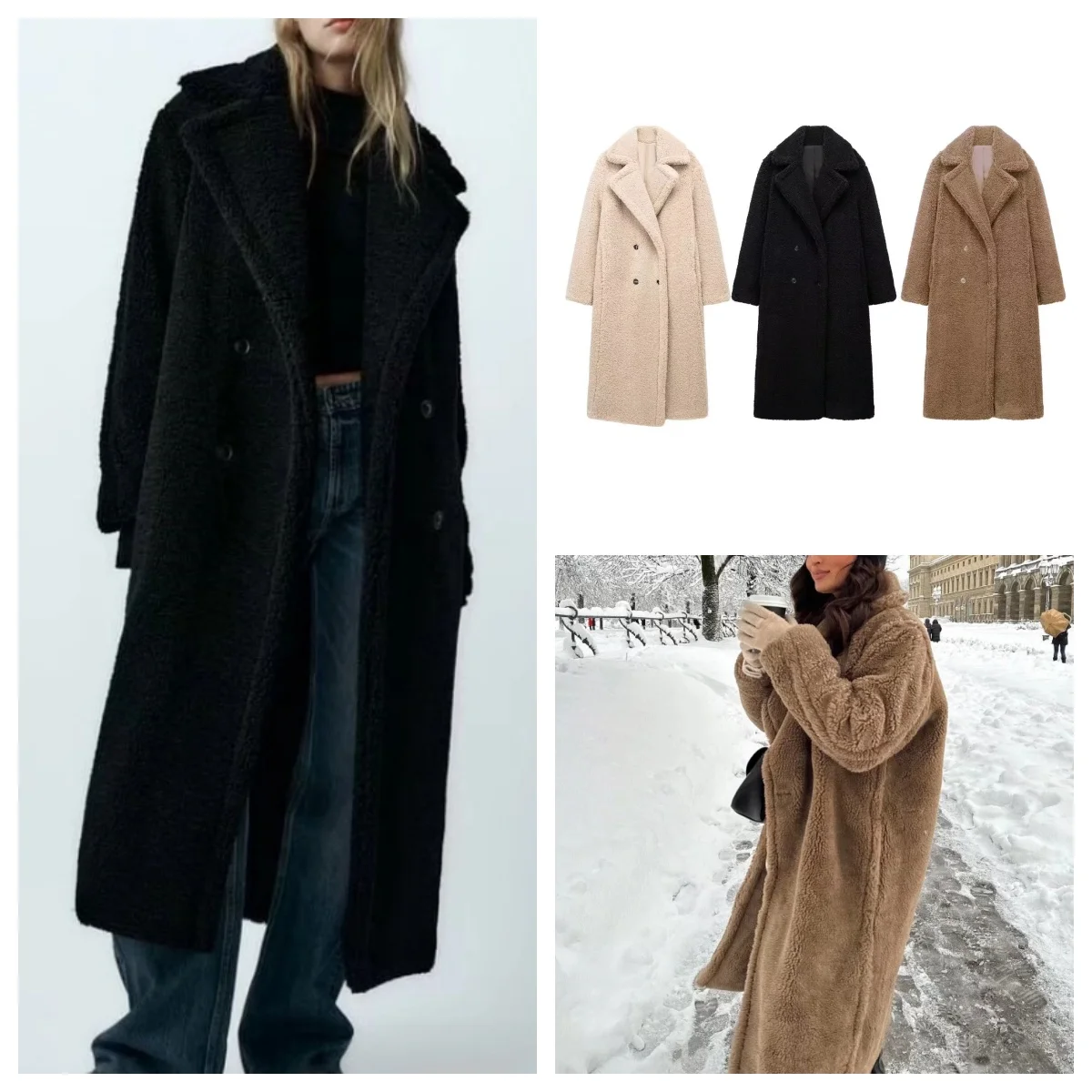 European and American style versatile winter warm double-breasted long sherpa coat