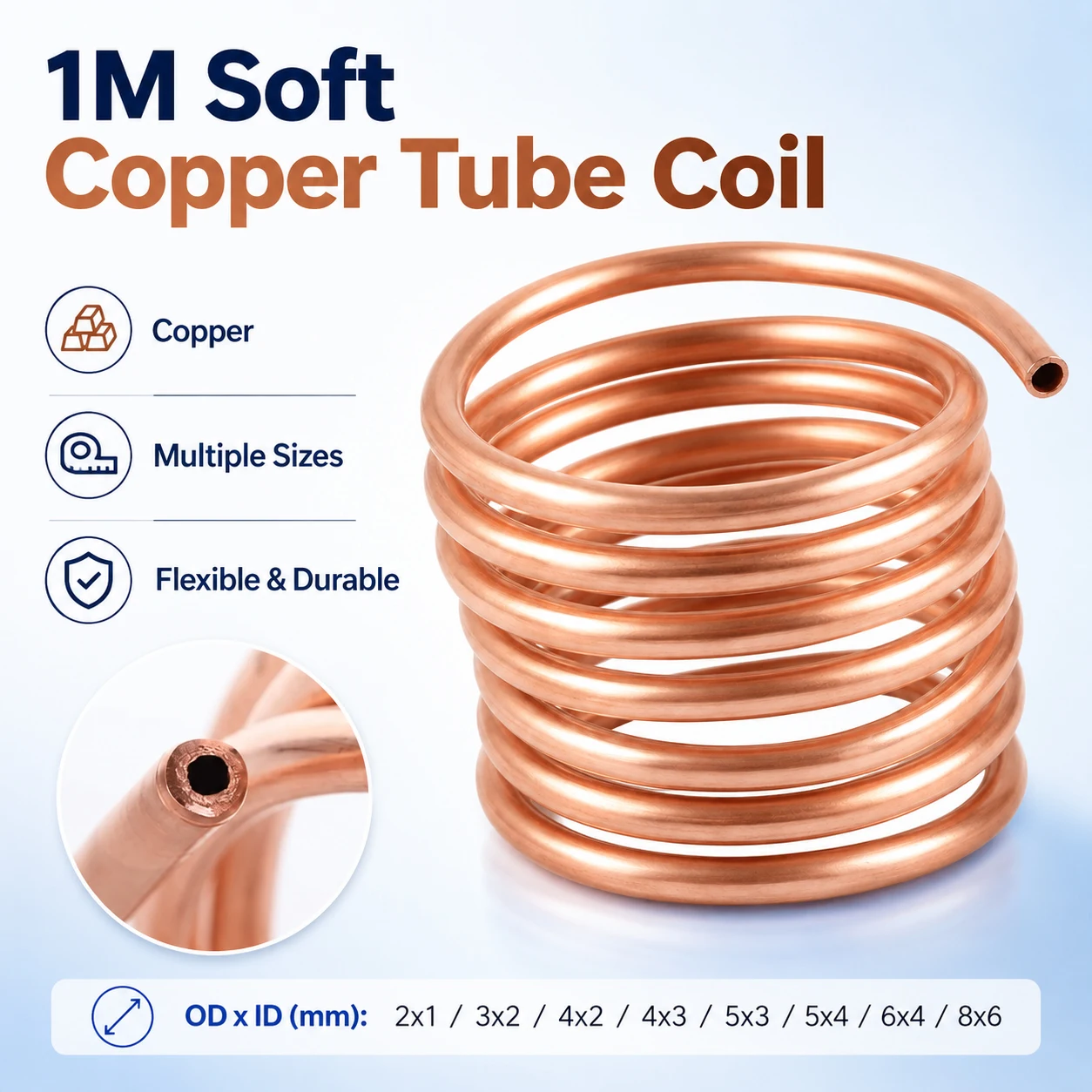 1Roll 1M Soft Coppers Tube Coil OD 2-8mm ID 1-6mm, Seamless Flexible Coppers Tubing Pipe for HVAC Refrigeration