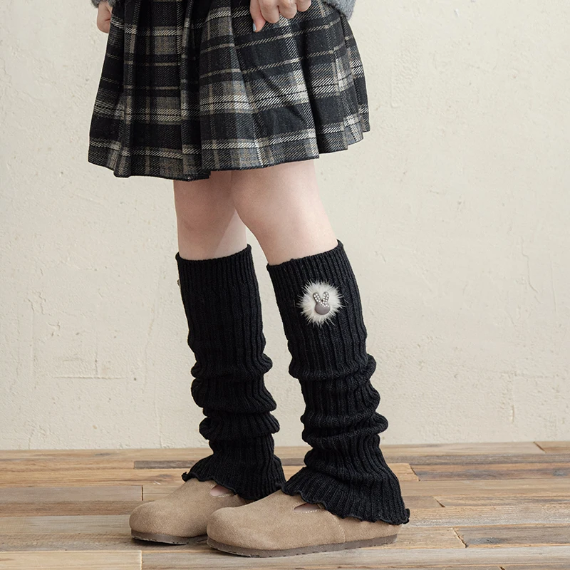 Cute Girls Warm Knit Sock Covers Lovely Pom Pom Rhinestone Rabbit Embellishment Solid Color Soft Breathable Stretchy Sock Cuffs