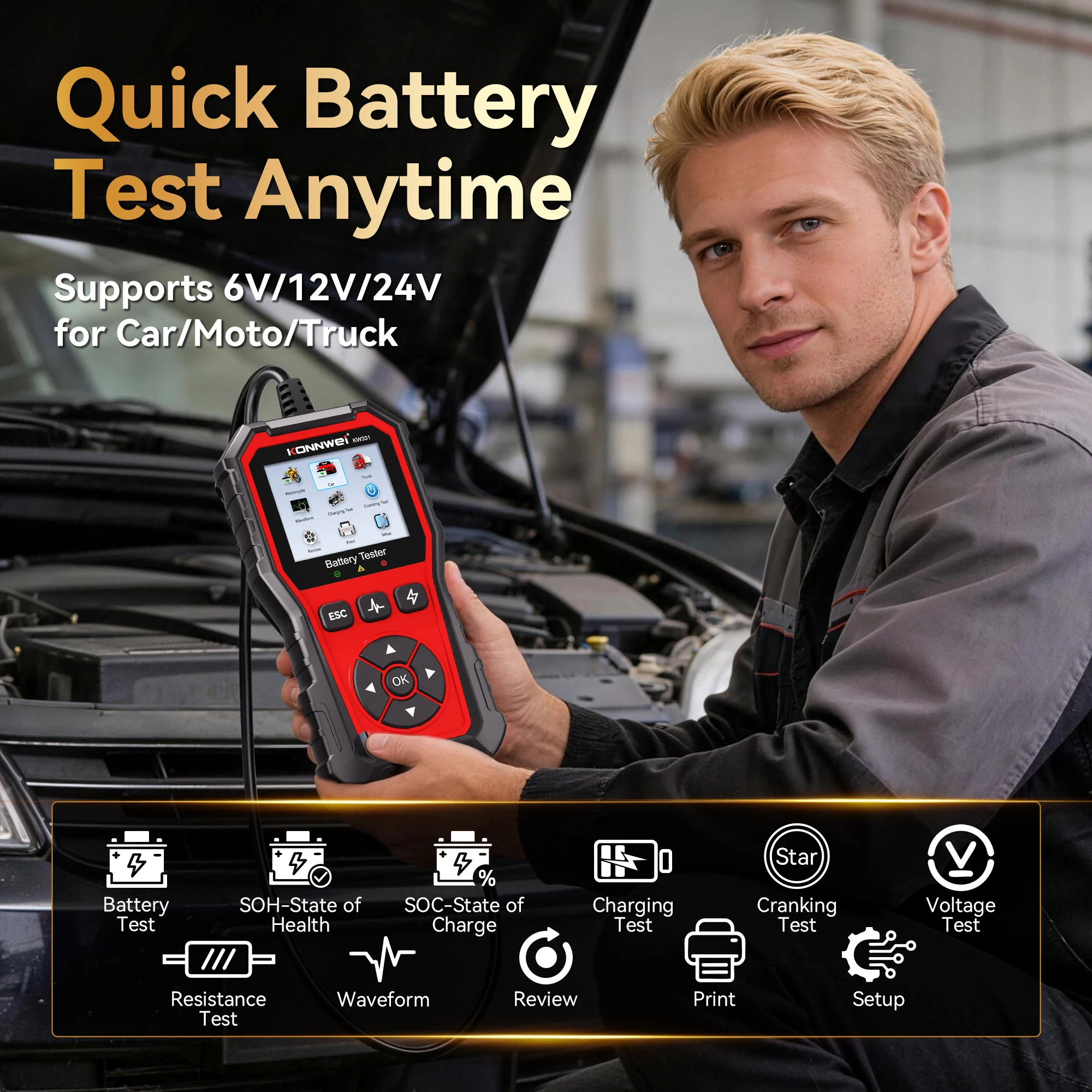 2026 New KONNWEI KW331 Car Battery Tester 6V-12V-24V 100-2000 CCA Cranking Charging Circut Analyzer Battery Tools Professional