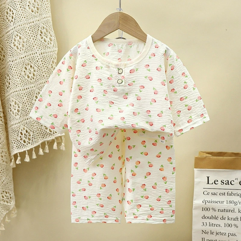 Summer Home Wear Set, Mid-Sleeve, Boys and Girls, Cloud Cotton, Lightweight, Air-Conditioned Casual Sleepwear with Shorts