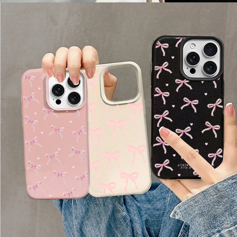 Pink Bowknot Case For POCO F7 Ultra F5 F6 M7 M6 X5 X6 X7 PRO X3 X4 GT Xiaomi 13T 14T 15T Pro 15 PU Leather Matte Cover