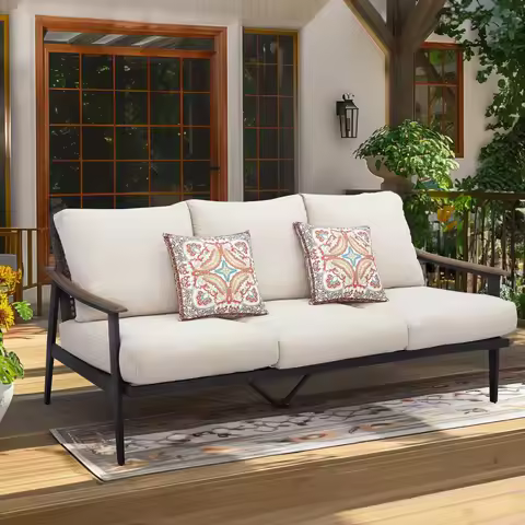 Patio Sofa Outdoor Furniture Metal Chair with Wicker Backrest &amp; 6 Inches Cushion for Indoor, Front Porch, Deck