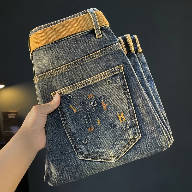 2025 Autumn/Winter Nine Point Jeans Men's Trendy Embroidered New Blue Retro Small Foot Slightly Loose PANTS fashion handsome
